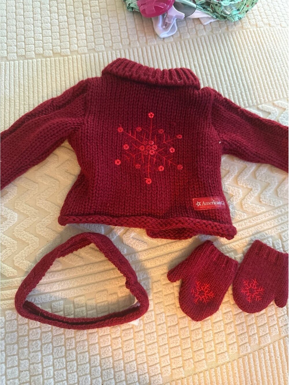 AMERICAN GIRL Holiday Sweater Set-Red Sweater Headband Mittens retired 2009
